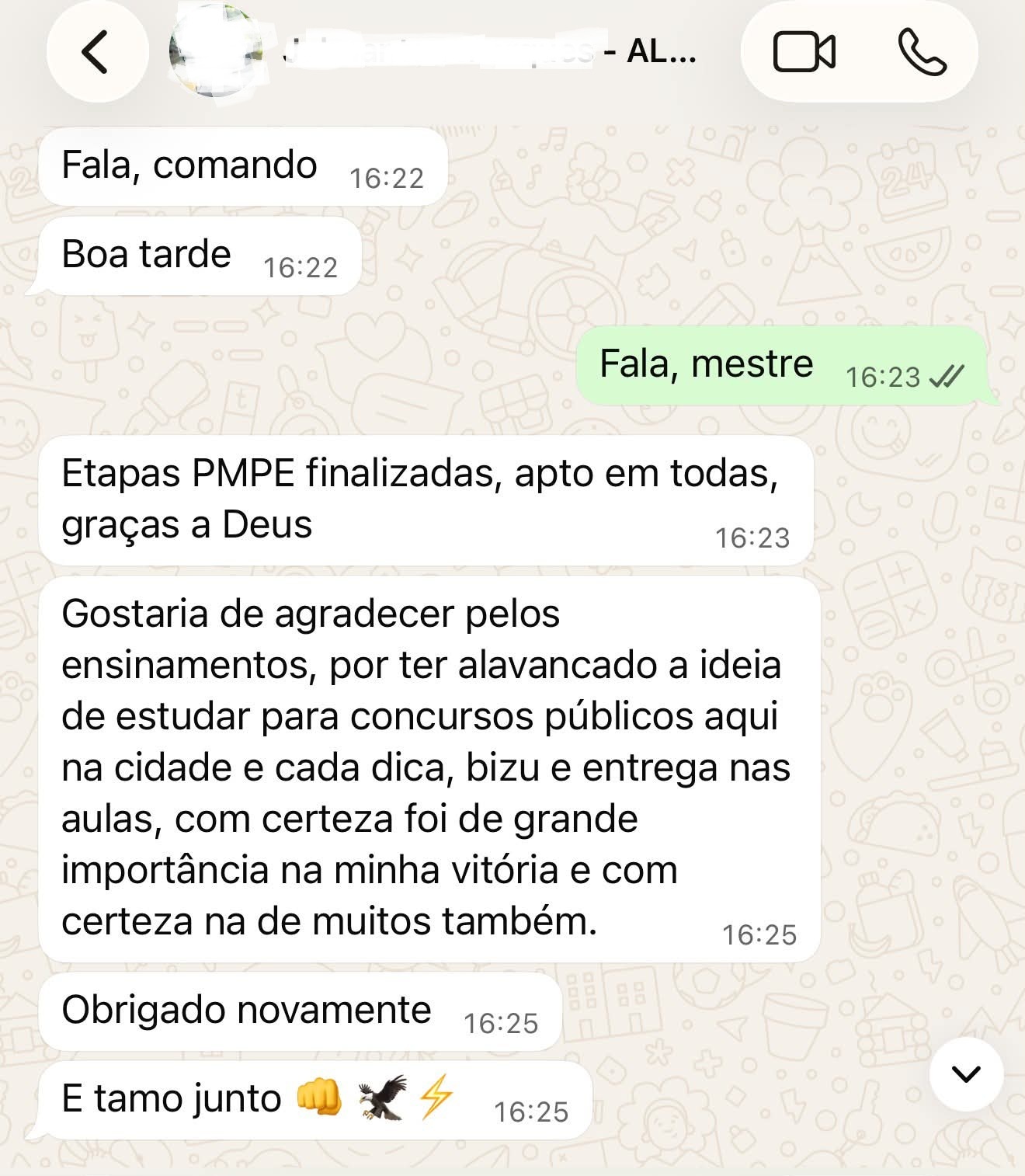 Print de WhatsApp: aluno agradecendo por concluir as etapas da PM-PE