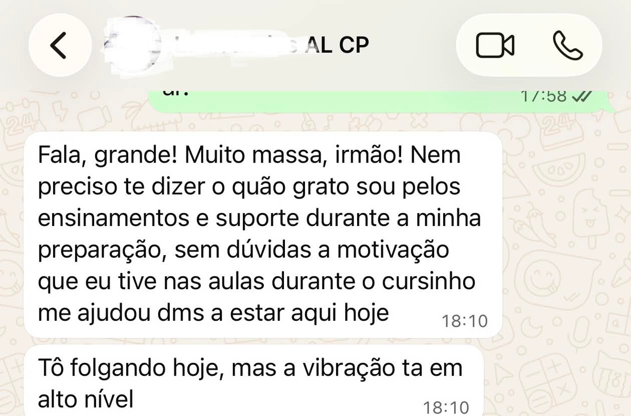 Print de WhatsApp: aluno agradecendo pelo suporte durante a preparação