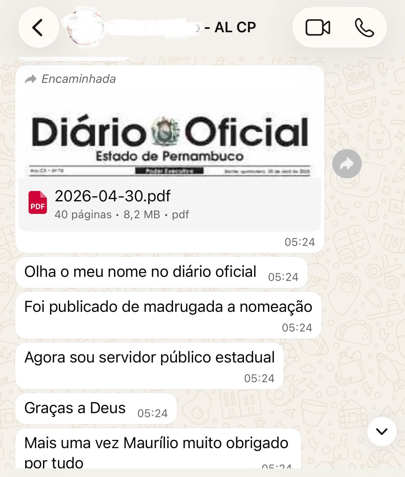 Print de WhatsApp: nomeação publicada no Diário Oficial de Pernambuco